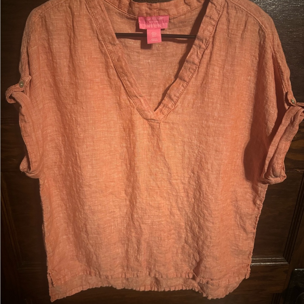 Isaac Mizrahi, 100% Linen‎ Top,  Size Large Orange, Short Sleeve V-Neck Hi-Low